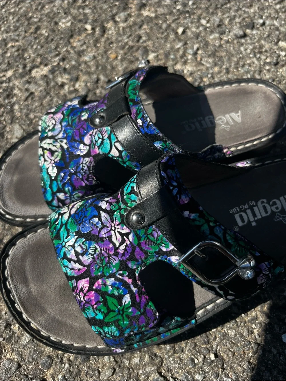 Alegria Floral Slide Sandals in Black with Green, Blue, Purple Accents